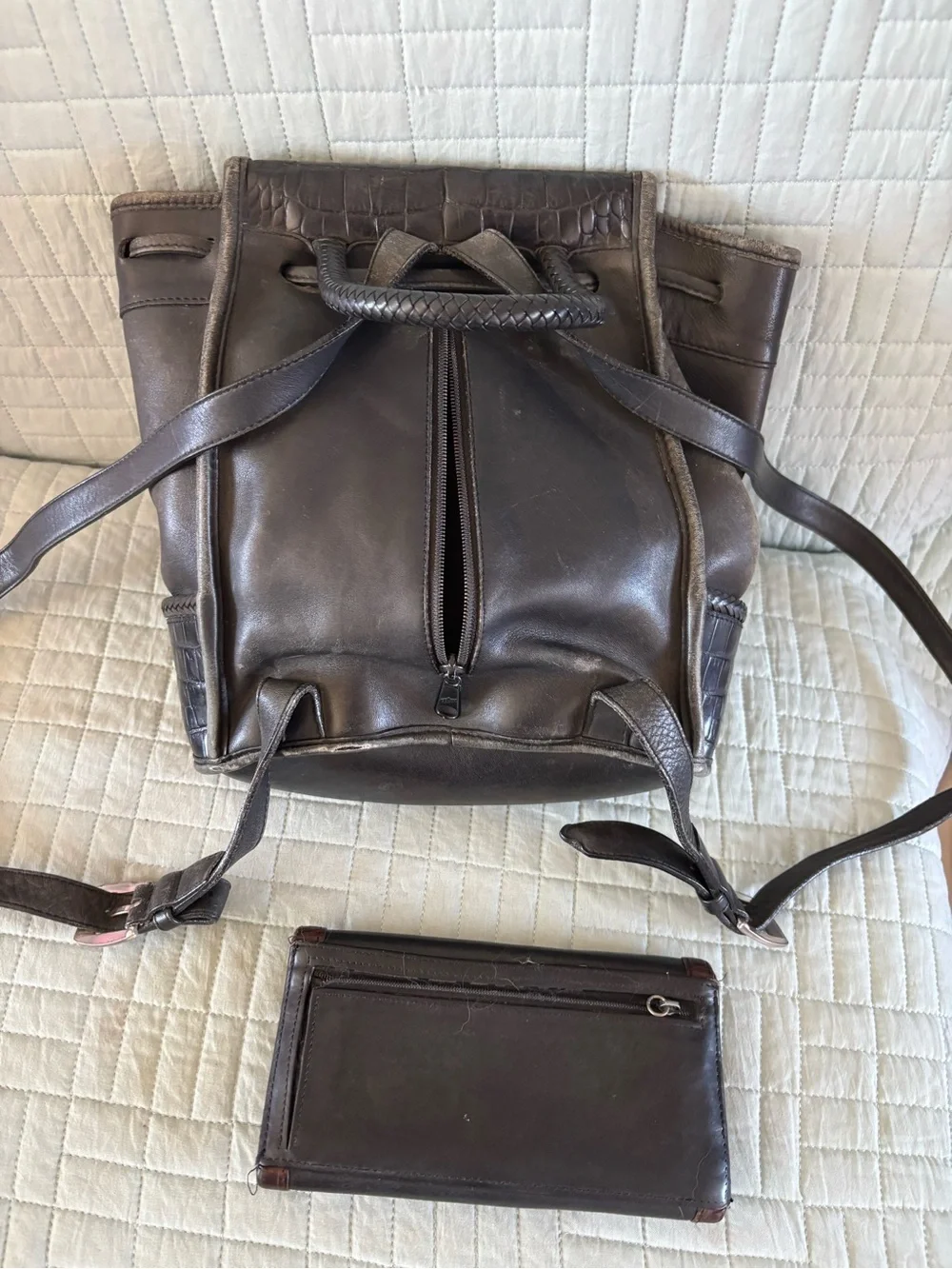 Brighton Dark Brown Croc-Embossed Leather Backpack and Wallet Set